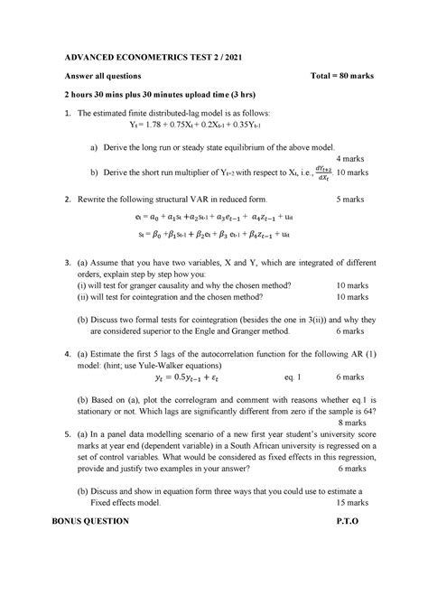 Advanced Level Econometrics Mock Exam. . Advanced econometrics exam